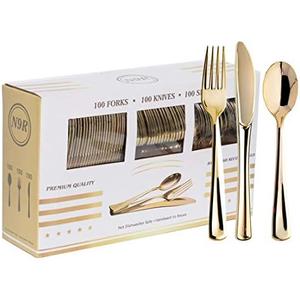 N9R 300PCS Gold Plastic Silverware, Heavy Duty Gold Plastic Cutlery Set Disposable Flatware Dinnerware, 100 Forks, 100 Spoons, 100 Knives, Perfect for Party, Wedding and Daily Use