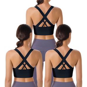 Evercute Sports Bra for Women Padded Medium Support Criss Cross Strappy Bras Seamless High Impact Yoga Exercise Athletic Bras (Large, Black Black Black 3 Pack)