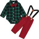 Baby Boy Outfit Plaid Gentleman Romper+Adjustable Suspenders Pants +Bowtie Baby Boy Clothes (3-6 Months)