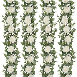 Dolicer 4Pcs 26Ft Artificial Eucalyptus Garlands with Flowers - 8 Roses, Faux Floral Greenery Garlands Fake Flowers Vines for Wedding Table Centerpieces Arch Party Ceremony Backdrop Decor (White)