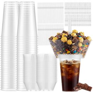 Snack and Drink Cup Includes 50 Cups, 50 Bowls,50 Straws, 100 Forks | Disposable Plastic Cup with Snack Bowl on Top for Party, Stadium, Patron and Movie Night