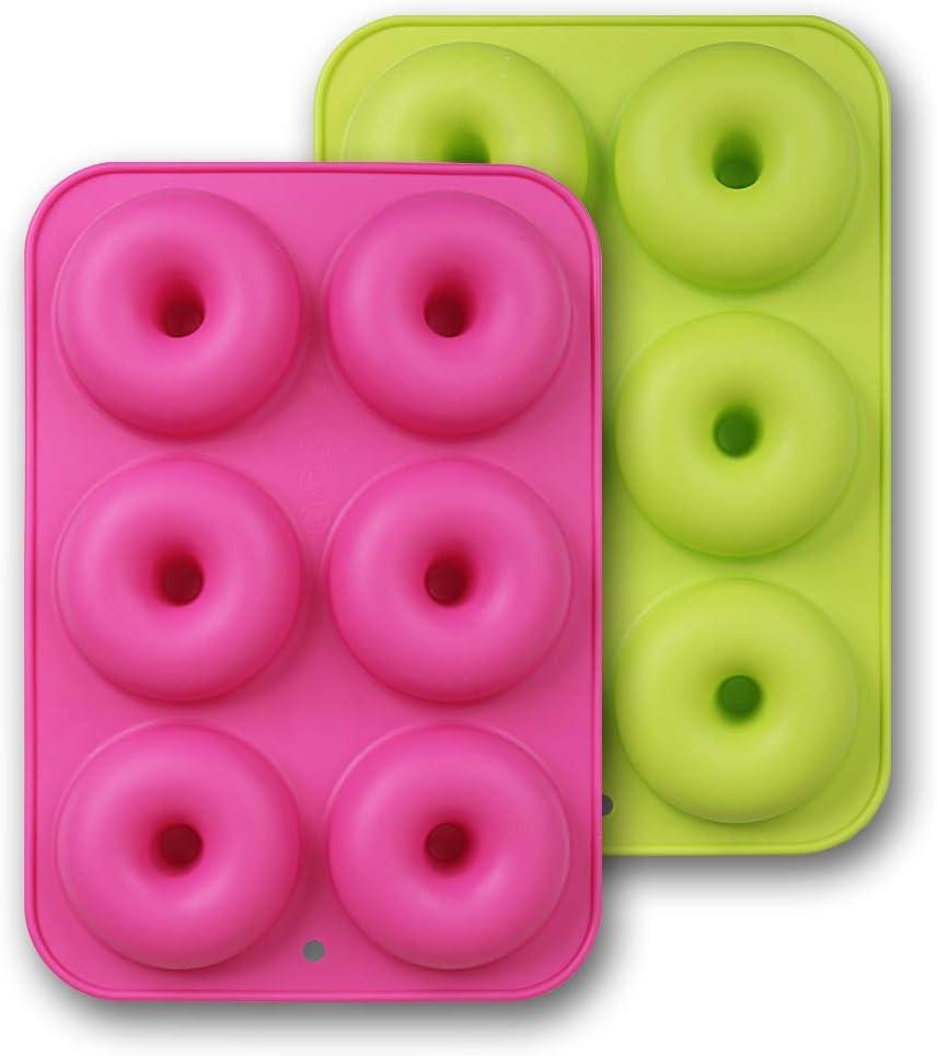 Silicone Donut Molds, 3-Pack of Non-Stick Food Grade Silicone Pans for Doughnut Baking – Green and Pink and Blue