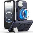 MMHUO for iPhone 16e Case with Adjustable Camera Cover Stand & Screen Protector,[Compatible with MagSafe] [Military Grade Protection] Shockproof Phone Case for iPhone 16e 2025 6.1 inch,Blue