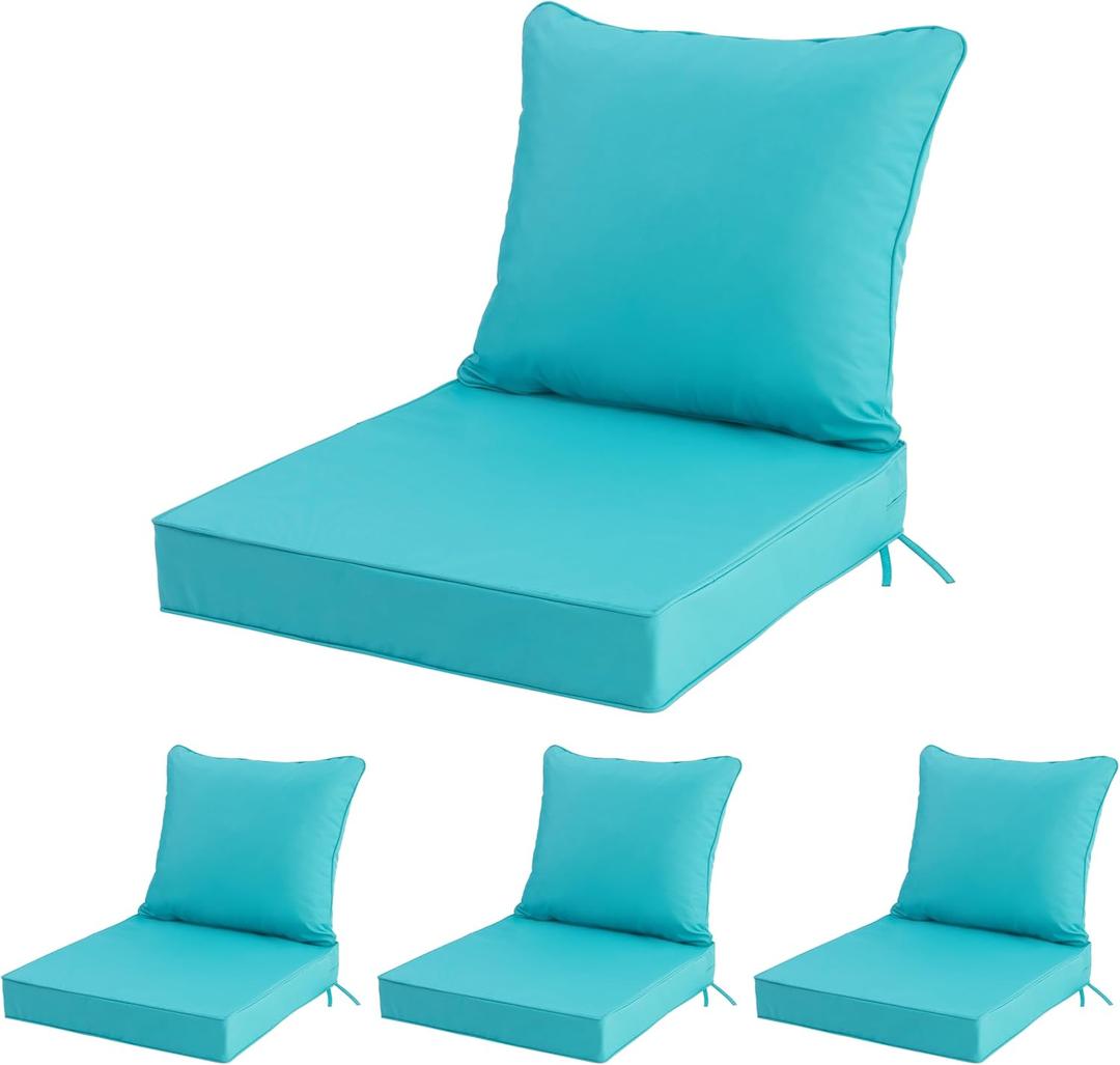 24x24 Inch Outdoor Chair Cushions Set of 4, Patio Furniture Cushions - Removable Cover, Water-Repellent, Fade-Resistant, Non-Slip Bottom & Straps, Replacement for Deep Seat Sofa & Couch - Teal, 4 Pack | 24''x24''