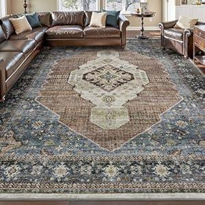 Engiw-Washable 8x10 Area Rugs for Living Room Rug Carpet Bedroom Rug Dining Room Rugs Office Carpet Vintage Soft Cozy Non Slip Navy Blue Rust