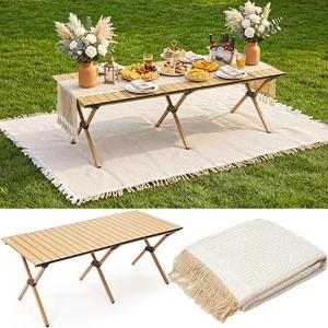 Wesiti 2 Pcs Low Picnic Table Foldable Lightweight Picnic Table Set 59" x 21" with Extra Large Outdoor Camping Blanket Sandproof Boho Beach Woven Cotton Yarn Blanket for Camping Beach Patio