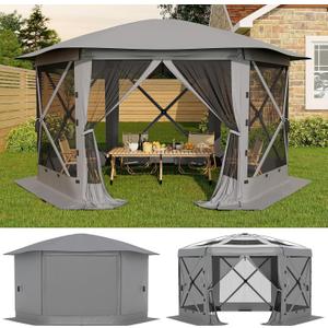 GarveeLife 13x13FT 6-Sided Pop Up Gazebo TentOne-Push Setup Canopy Tent with Removable Canopy Top & Wind Cloths, Outdoor shelter for Camping, Backyard Parties, Outdoor Events - Grey (Gray)