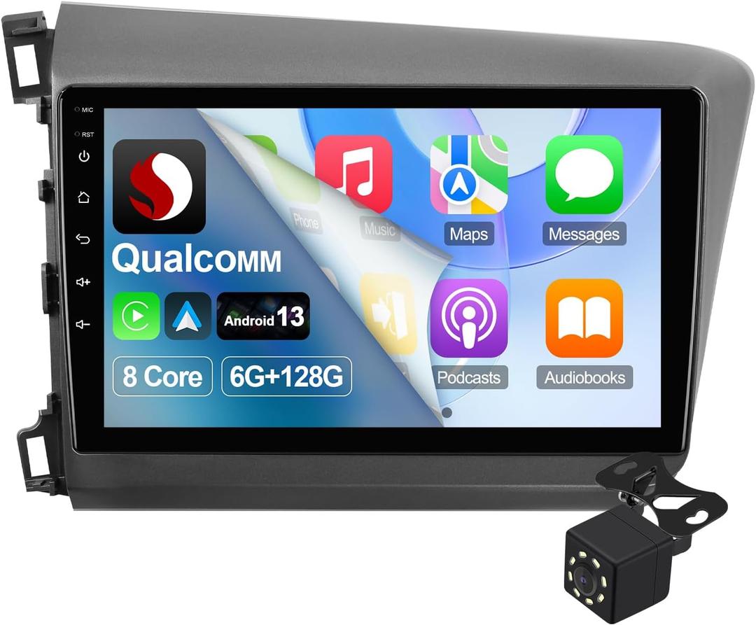 8 Core 6+128 GB with Qualcomm 9-inch Android 13 Octa Core Car Stereo for Honda Civic 2012-2015 IPS Touchscreen ST7850 AMP Car Radio with Carplay & Android Auto Support Backup Camera FM/AM/RDS