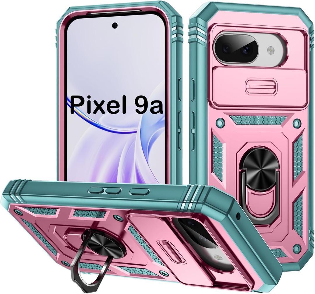 PASNEW Phone Case for Pixel 9A,360 Rotating Ring Kickstand Case & Slide Camera Cover,Military Heavy Duty Full Body Hard Shell Shockproof Phone Cases for Google Pixel 9A,6.3 inch,Pink Green