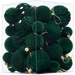 Waipfaru 38Pcs Velvet Ornaments for Christmas Tree Dark Green Flocked Christmas Ornaments Shatterproof Hanging Ball Set for Xmas Winter Holiday Decorations in 3 Sizes(Large Medium Small)