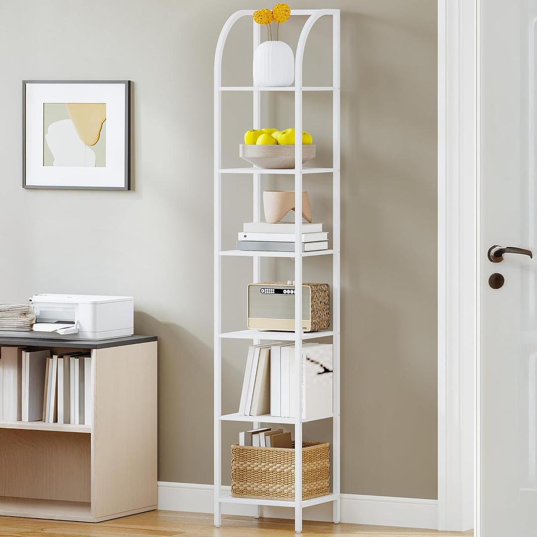 Bookshelf Narrow Bookcase, Tall Storage Rack with Steel Frame, Display Standing Shelf Unit, Skinny Book Shelf for Study Living Room Home Office, Industrial Style, 6-Tier White BC56013W (13.2  11.8  70.3 inch)