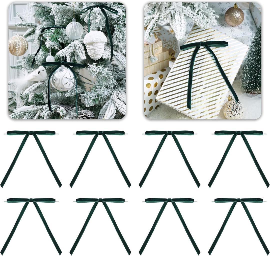 3 x Hunter Green Velvet Ribbon Christmas Bow 5 x 7 Inches Premade Green Bows for Christmas Tree Hanging Decorations Gift Wrapping Wreaths Crafts Outdoor Indoor Home Decor Wedding, Pack of 24