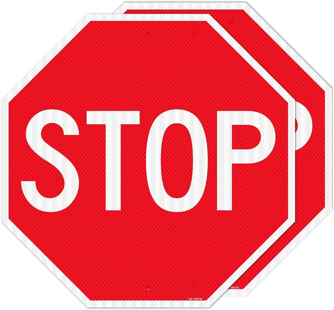 T&R (2 Pack) Large Stop Sign Street Road Sign 30 x 30 Inches. Engineer Grade Reflective Sheeting, Rust Free Aluminum, Weather Resistant, Waterproof, Fade Resistant, 2 Pre-drilled Holes