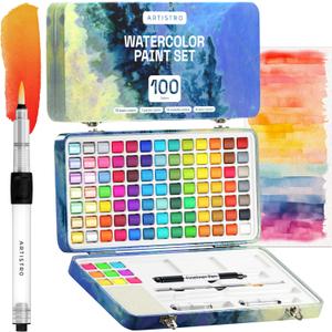 ARTISTRO Watercolor Paint Set, 100 Vivid Colors in Portable Box, Palette set Including Metallic, Pastel Colors. Perfect Travel Watercolor Set for Artists, Amateur, Hobbyists and Painting Lovers