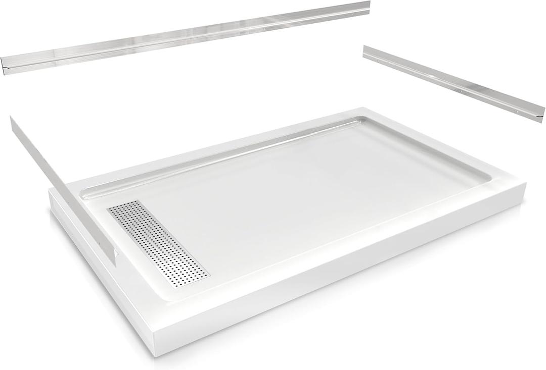 CKB 60" x 32" Shower Base, Left or Right Drain, Removable Aluminum Flange (Zero/Single/Dual Threshold), Pre-Sloped Design, Fiberglass Shower Pan, 304 Stainless Steel Grate Drain Cover, White