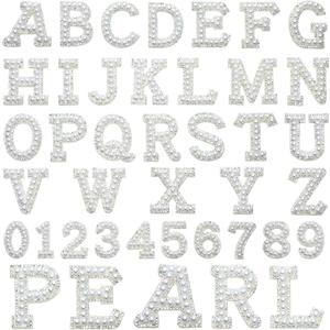 36 Pieces Iron on Letter A-Z 0-9 White Pearl Rhinestone Chenille Letter Patches Iron on Glitter Alphabet Number Bling Patches Decorative Repair Patches for Fabric Shirts Crafts Clothing DIY Decor