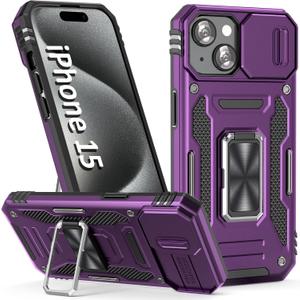 Case for iPhone 15 Phone Case with Camera Lens Cover, with Ring Holder Kickstand, fit Magnetic Car Mount, for iPhone 15 (Purple)