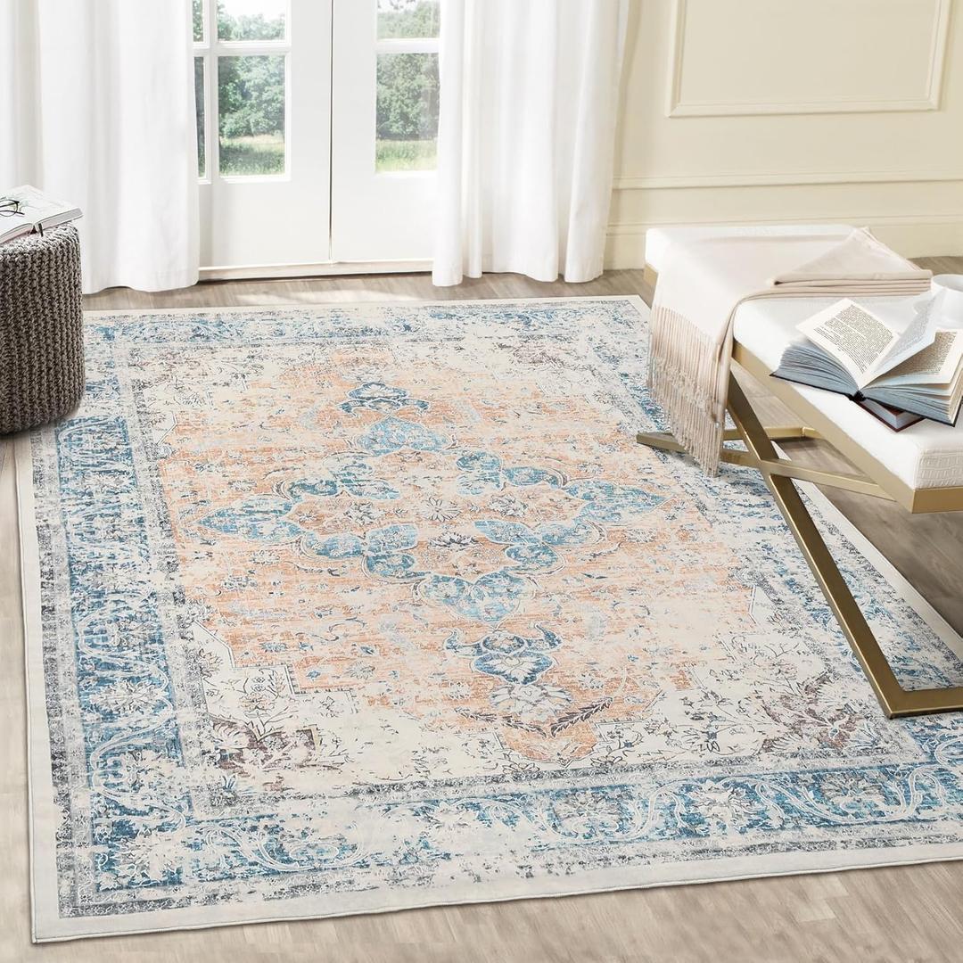 Coral 5x7 Area Rug, Soft, Washable, Non-Slip, Stain Resistant, Distressed, Low Pile, Lightweight, Accent Rug for Bedroom, Dining Room