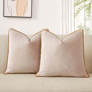JUSPURBET Set of 2 Champagne Velvet Decorative Pillow Covers 18x18 Inch Plush Accent Cushion Cases with Piping and Hidden Zipper for Sofa Couch Living Room Decor