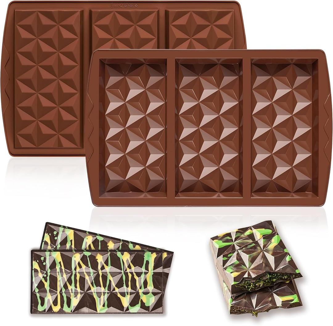 Chocolate Bar Mold Silicone Chocolate Mold for DIY and Baking, Reusable, Non-Stick, Dishwasher Safe (3Cavity-2pcs)