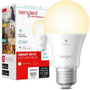 Sengled Smart Bulb, WiFi Light Bulbs, Dimmable Alexa Light Bulb, Smart Light Bulbs that Work with Alexa & Google Home, A19 Soft White (2700K) No Hub Required, 800LM 60W Equivalent High CRI>90, 1 Pack