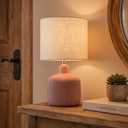 KAWOTI Ceramic Table Lamp, 17.75" Rustic Farmhouse Bedside Lamp with Beige Linen Shade, Warm Ambient Nightstand Lighting for Bedroom or Living Room, Painted Terra