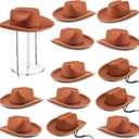 Funtery 12 Pack Kids Cowboy Hats for Halloween, Felt Western Cowboy Hat Bulk for Boys Girls Costume Dress Up Accessories(Brown)