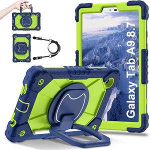 for Samsung Galaxy Tab A9 8.7-Inch 2023 Case,(No Tab A9+ Plus) 360 Rotating Stand Shoulder Strap Heavy Duty Shockproof Protective Silicone Case (Navy Blue Green, Tab A9 8.7")