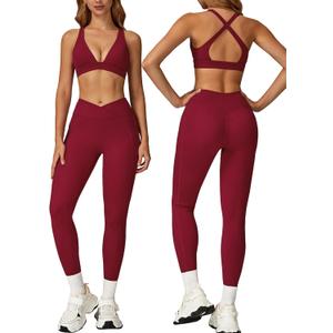 ABOCIW Womens Two Piece Workout Sets Deep V Neck Sports Bra Crossover Leggings with Pockets Gym Yoga Pilates Outfits (Small, Cherry Red)
