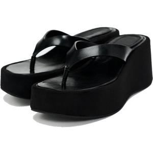 Women's Leather Wedge Flip-Flops Fashion Comfortable Open Round Toe Slip On Non-Slip Platform Thong Sandals Summer Casual Beach Walking Slides, 41