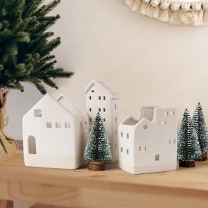 Sunlit Ceramic Christmas Village Sets of 3 Houses with 3 Tea Lights & 3 Frosted Trees, Christmas Decorations Indoor, Xmas Holiday Farmhouse Vintage Rustic Decor for Tabletop Mantle, Matte Beige