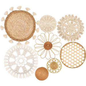 Boho Wall Basket Decor Set of 8 - Flat Woven Basket Wall Hanging Decor, Round Tassels White Macrame Tapestry Wall Decor Art, Handmade Rattan Wicker Seagrass Home Wall Baskets DecorBoho Classic