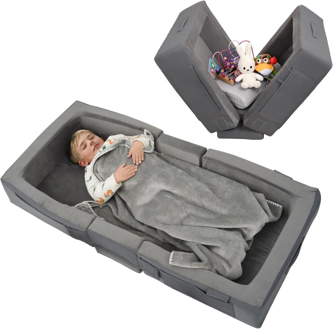 ENITYA Toddler Travel Bed  Portable Foldable Soft Foam Floor Bed for Kids 14yr, No Assembly, Washable Cover, Built-in Safety Rails, Compact for Travel & Home Use, Grey (55*25*7in)