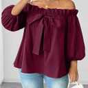 SweatyRocks Women's Plus Size Ruffle Off The Shoulder Blouse Bow Tie Front 3/4 Bishop Sleeve Loose Shirt (Red, XXL)