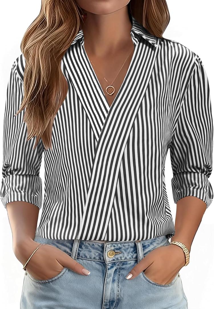 LOMON 3/4 Length Sleeve Womens Tops Dressy V Neck Collared Shirts Trendy Business Casual Work Blouses Vacation Outfits 2026 (M)