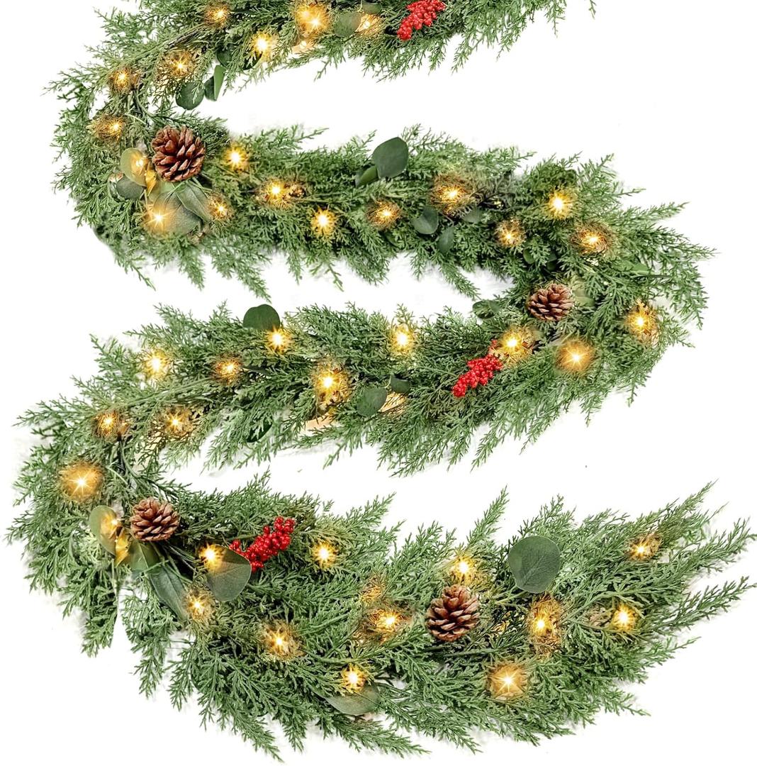 Extra Thick & Lush - 9 Ft by 12 Inch Prelit Christmas Garland with 50 Lights Timer, Real Touch Cedar Garland, 175 Tips Realistic Soft Battery Operated Red Berry Pinecones Xmas Garlands Indoor Outdoor