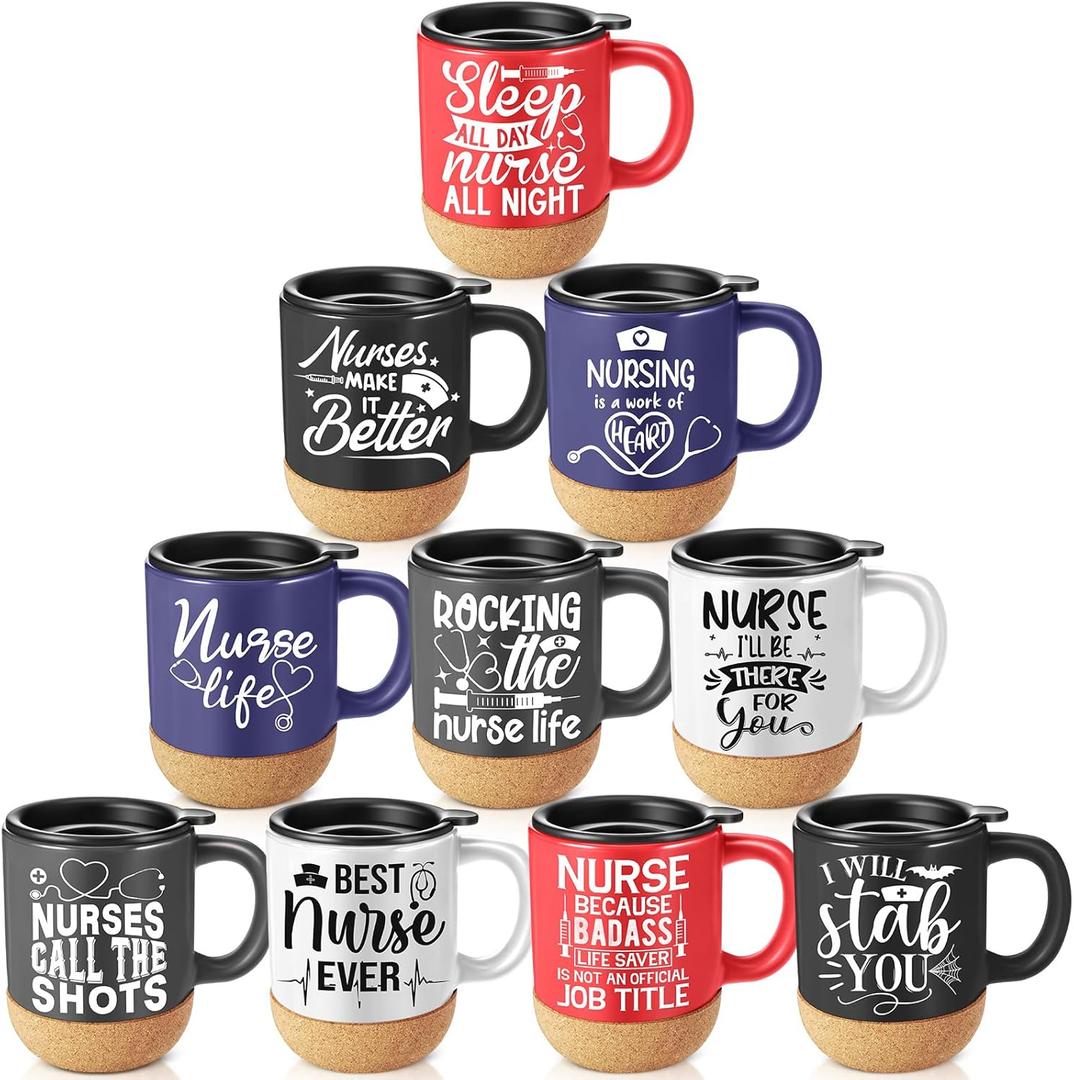 10 Pcs Nurse Appreciation Gifts Bulk 12 oz Nurse Coffee Mugs Inspirational Ceramic Cup with Lid and Cork Base Thank You Gifts for Women Men RN Assistant(Vibrant Color,Classic Style)