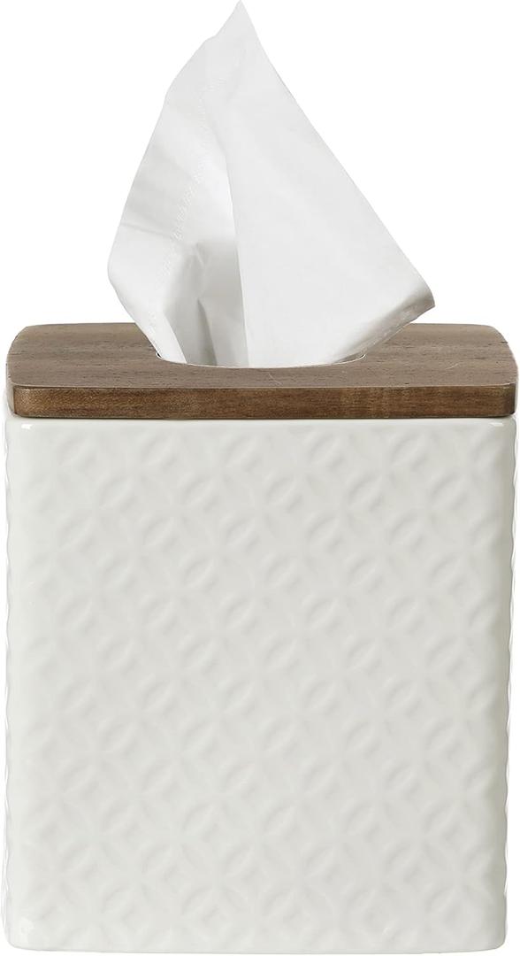 Bathroom Accessories - Ceramic Tissue Holder with Wooden Lid, Decorative Square Tissue Cover Box (White and Beige)