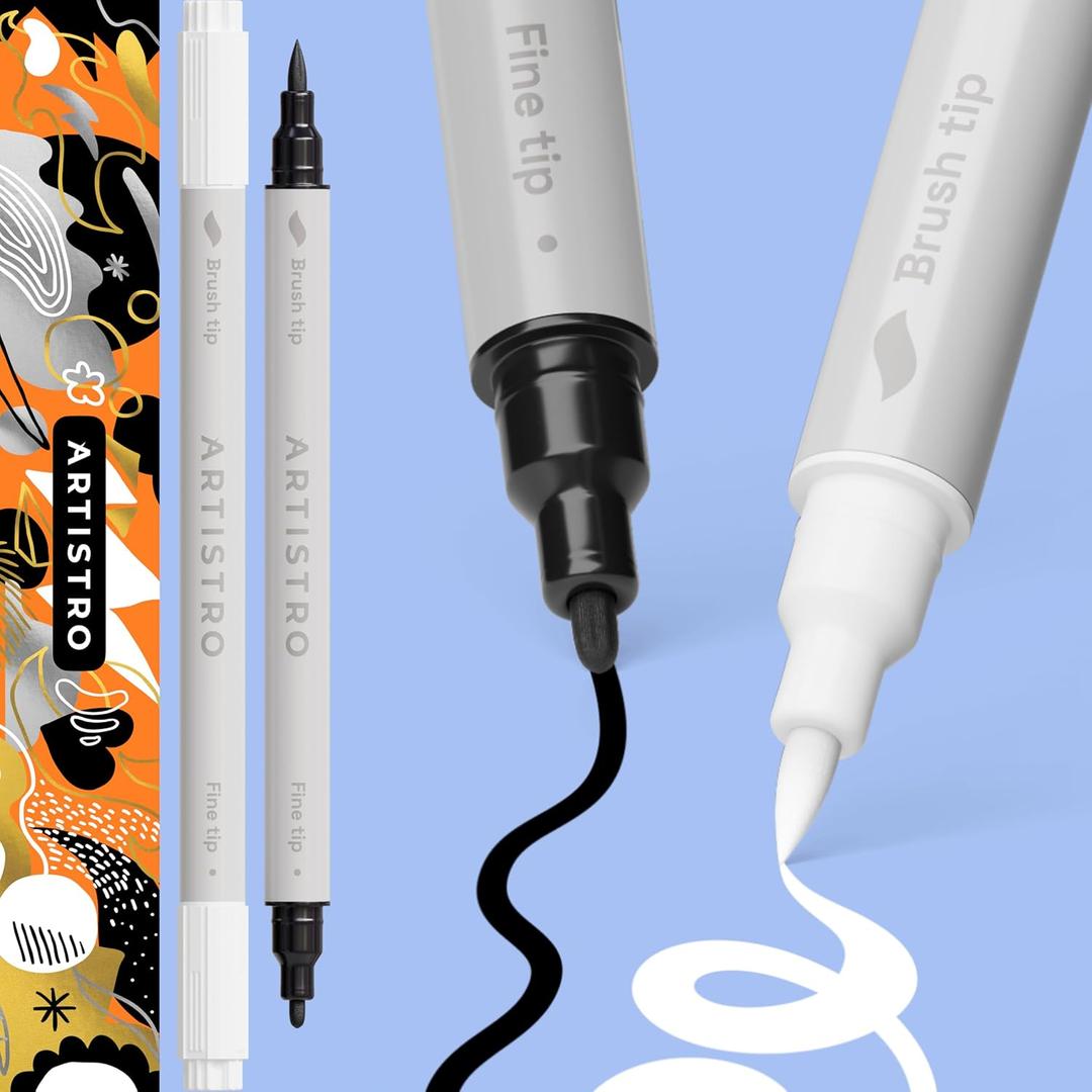 ARTISTRO 2 Black&White Dual-Tip Acrylic Paint Pens - Multisurface Markers for Fabric, Plastic, & More, 1 mm Fine & Brush Tips