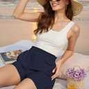 NILOINE 2025 Womens Elastic Waist Beach Shorts High Rise Athletic Shorts Pure Color Pull On Short Pants with Pockets(1-Navy,XX-Large) (Blue)