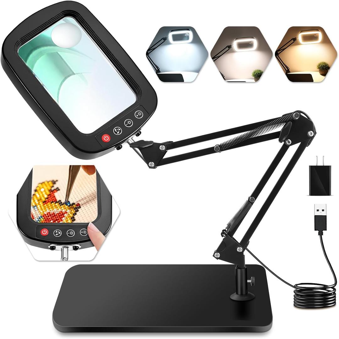 10X 30X Magnifying Glass with Light and Stand, Large Desk Lamp Magnifiers | Large Crystal-clear Magnifies,3 Color Modes&10 Brightness Levels for Reading, Crafting, Repair, flexible Arm, Large Stable Base