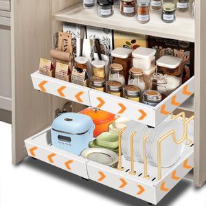 Expandable Metal Pull Out Cabinet Organizer 21"Deep with Raising Pad for Framed Cabinets/Pantry,Upgrade 3 Slide Rails Slide Out Drawers for Kitchen with Adhesive,Adjustable Width 12.05"-20.4"White,2P