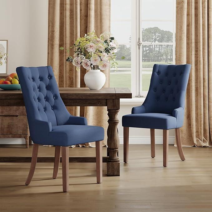 COLAMY Wingback Upholstered Side Dining Room Chairs Set of 2, Fabric Dining Chairs with Tufted Button, Living Room Chairs for Home Kitchen, Blue