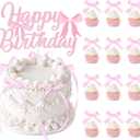 Pink Bow Cake Toppers, Happy Birthday Sign, 12Pcs Ribbion Bow Cupcake Toppers & 6Pcs Cake Toppers for Pink Bow Birthday Decorations, Baby Shower, Bridal Shower, Graduation Party