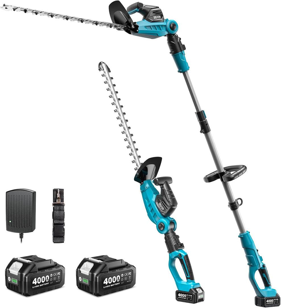2-in-1 Pole & Cordless Hedge Trimmer, 20" Electric Bush Trimmer 20V
Dual-Action Blade, 8.5ft Extension Pole, 2x4.0Ah Batteries, Adjustable Rotating Head, Battery Hedge Clippers for Tree Shrubs