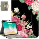 for iPad Air 11 Inch Case M4/M3/M2 2026/2025/2024, Black Flower for iPad Pro 11 Inch Case 4Th/3Rd/2Nd/1St Generation, for iPad Air 5Th/4Th Gen Cases 10.9 Inch Pencil Holder/Hand Strap/Pocket