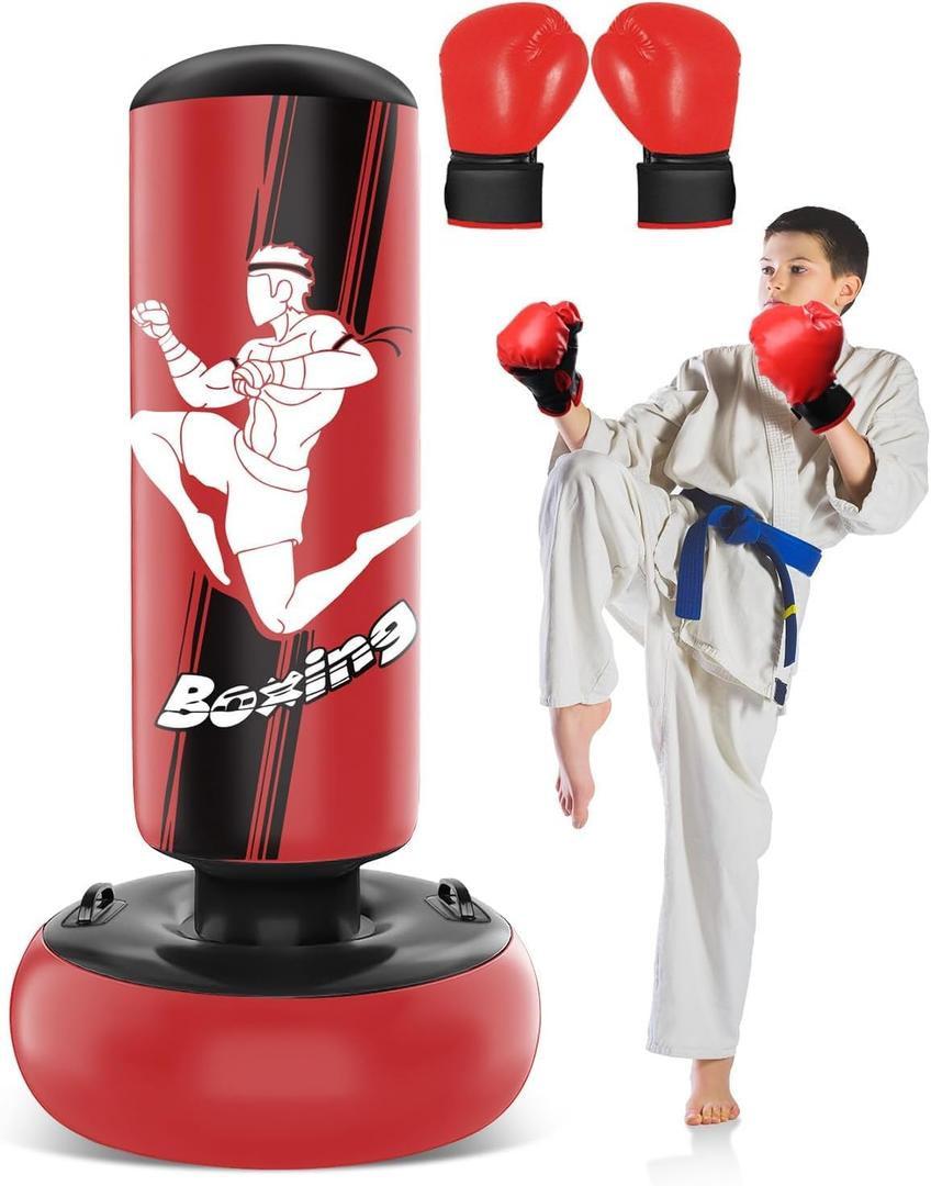 66 Inch Inflatable Kids Punching Bag with Boxing Gloves, Freestanding Boxing Bag, Stand Kids Punching Bag Toy, Bounce-Back Bag Gifts for Kids, Girls, Boxing Set for Practicing Karate, Taekwondo, MMA