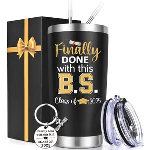 Lifecapido College Graduation Gifts, Finally Done with This B.S. 20 oz Insulated Tumbler with Keychain, Graduation Birthday Gifts for Friends Classmates, Black