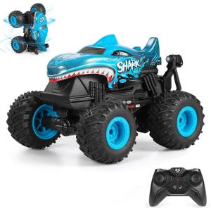 DYODYORC Remote Control Car, 2.4Ghz All Terrain Shark Monster Truck Toys, RC Truck with Music, 3 Lighting Effects, 360 Stunt Capable, 2 Batteries Ready to Run, Toy Gifts for Boys and Girls (Blue)