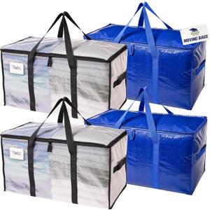 RUGGED RHINO 4 Pack Heavy Duty Extra Large Moving Bags, Durable Bag Strong Handles and Zipper, Moving Boxes Alternative for College Packing, Holiday Dcor, Space Saving Storage with Label, Blue/Clear